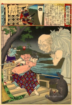 Kusunoki Masatsura cuando era joven atacando al temido tejón Toyohara Chikanobu. Pinturas al óleo